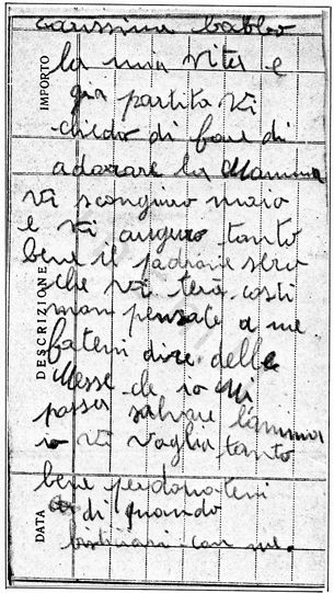 L’immagine riproduce il messaggio scritto da Alvaro Boccardi la sera del 30 marzo 1944 su tre foglietti di bloc-notes, fatto pervenire ai famigliari dal cappellano che assistette i condannati.