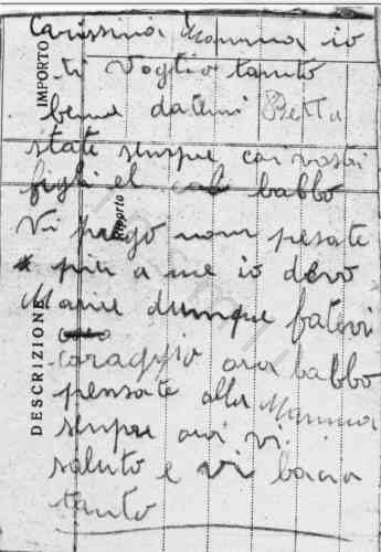L’immagine riproduce il messaggio scritto da Alvaro Boccardi la sera del 30 marzo 1944 su tre foglietti di bloc-notes, fatto pervenire ai famigliari dal cappellano che assistette i condannati.