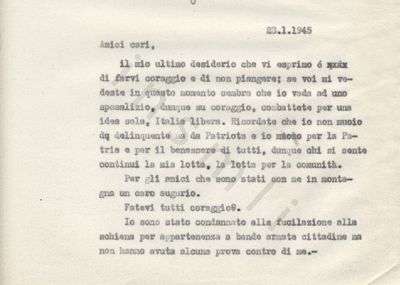 L’immagine riproduce la prima pagina della trascrizione a macchina della lettera scritta da Amerigo Duò agli amici il giorno stesso della sua fucilazione.