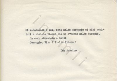 L’immagine riproduce la seconda pagina della trascrizione a macchina della lettera scritta da Amerigo Duò agli amici il giorno stesso della sua fucilazione.
