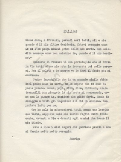 L’immagine riproduce la trascrizione a macchina della lettera scritta da Amerigo Duò ai parenti il giorno stesso della sua esecuzione.