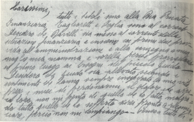 L’immagine riproduce il lato frontale dell’ultimo messaggio di Andrea Lorenzetti, scritto dall’amico Aldo Ravelli sotto dettatura. Il documento è vergato su un foglietto di carta bianca.