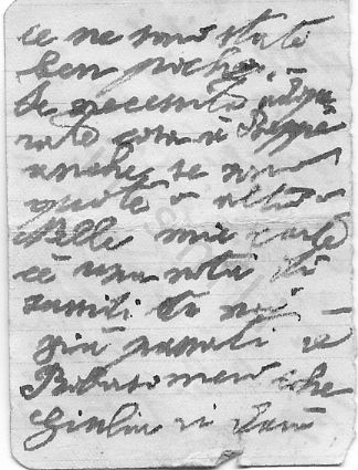 L’immagine riproduce il retro della seconda pagina della lettera di Andrea Mensa ai compagni di lotta, fatta probabilmente uscire clandestinamente dal suo luogo di detenzione. Il documento è scritto a penna nera su piccoli biglietti di carta a righe