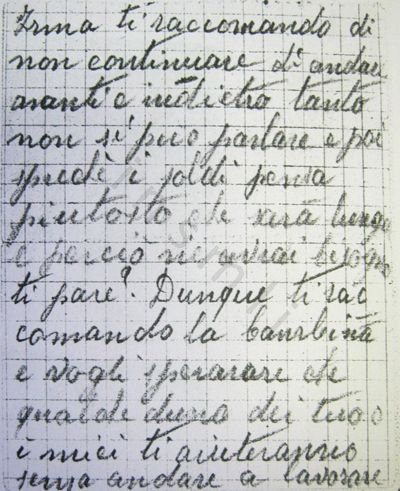 L’immagine riproduce la seconda facciata della lettera di Angelo Biffi alla moglie Irma, scritta presumibilmente il giorno prima della deportazione a Mauthausen.
Il documento originale è vergato su piccoli fogli a quadretti appartenenti verosimilmente ad un blocco note.