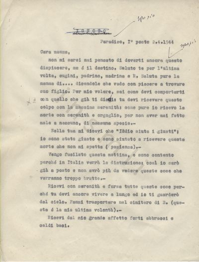 L’immagine riproduce l’ultima lettera di un ignoto combattente per la libertà alla propria madre. Nella trascrizione sono presenti correzioni o annotazioni in penna nera.