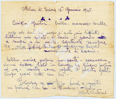 L’immagine riproduce l'originale autografo dell’ultima lettera di Antonio Alberti ai familiari.