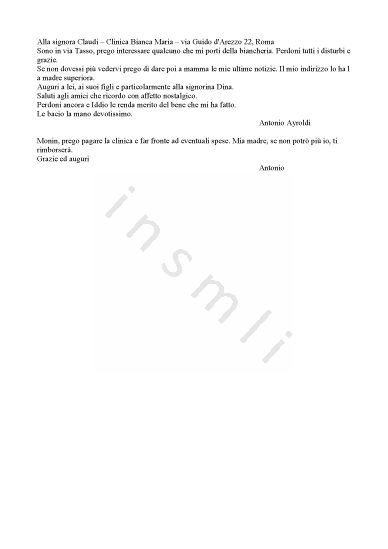 L’immagine riproduce il testo dell’ultima lettera di Antonio Ayroldi, scritta alla proprietaria della clinica dove egli aveva alloggiato durante i mesi della lotta di liberazione.