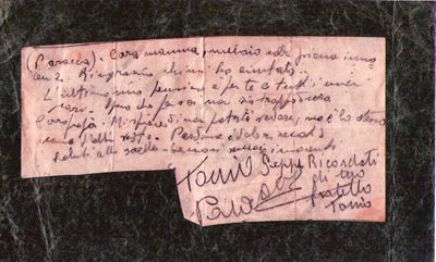 L’immagine riproduce l’ultima lettera scritta da Antonio Paracca poco prima di essere fucilato dai tedeschi. Il documento è scritto a penna su un pezzo di carta.
