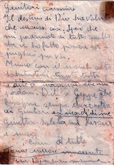 L’immagine riproduce l’ultima lettera di Antonio Paracca ai genitori.