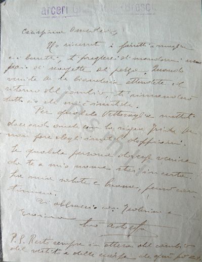 L’immagine riproduce la prima facciata dell’ultima lettera di Astolfo Lunardi, scritta alla moglie Amedea su un foglio bianco timbrato "Carceri Giudiziarie - Brescia".