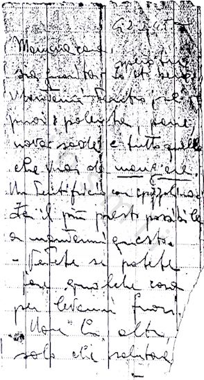 L’immagine riproduce la fotocopia della prima facciata della lettera scritta da Attilio Giordano alla madre il 2 febbraio 1945.
Il messaggio è stato composto a penna, su un foglietto di carta strappato.
