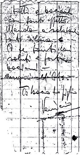 L’immagine riproduce la fotocopia della seconda facciata della lettera scritta da Attilio Giordano alla madre il 2 febbraio 1945. Il messaggio è stato composto a penna, su un foglietto di carta strappato.