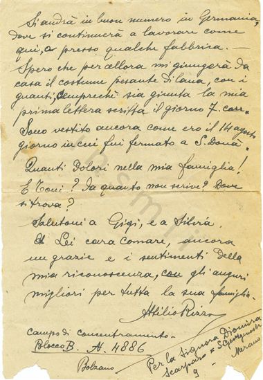 L’immagine riproduce la seconda facciata dell’ultima lettera di Attilio Rizzo, scritta due settimane prima della deportazione a Mauthausen. Il documento è scritto in penna nera.