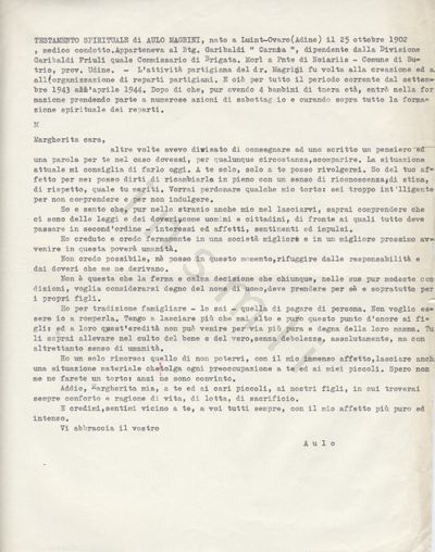 L’immagine riproduce la trascrizione a macchina dell’ultima lettera di Aulo Magrini alla moglie Margherita. Nella parte superiore del documento è dattiloscritta anche la biografia del partigiano caduto.