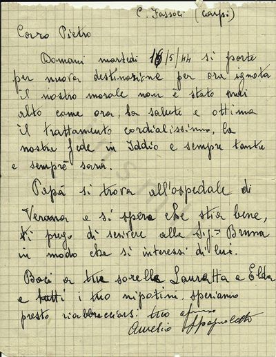 L’immagine ritrae il lato frontale della lettera scritta da Aurelio Spagnoletto a Pietro, il giorno prima di essere trasferito dal campo di concentramento di Fossoli (Carpi, Modena) al lager di Auschwitz.