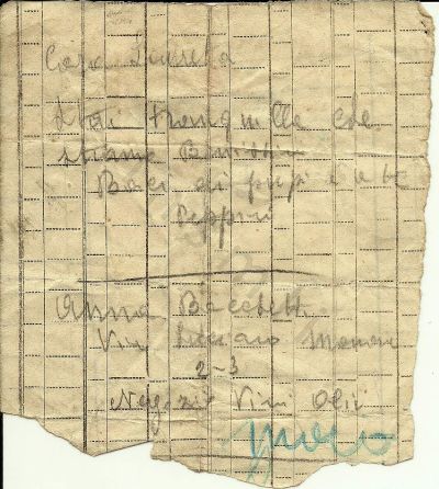 L’immagine riproduce il messaggio che Aurelio Spagnoletto inviò presumibilmente al momento della partenza da Fossoli, quindi in un giorno tra il 16 e il 23 maggio (data di arrivo al lager di Auschwitz). Sotto al testo è riportato anche l’indirizzo della destinataria. Il nome con il quale è firmato il messaggio ("Peppino") è il soprannome di Aurelio Spagnoletto.