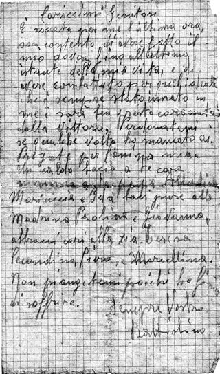 L’immagine riproduce la fotocopia dell’ultima lettera di Battista Alberto ai genitori. L’originale è scritto a matita su un foglietto di bloc-notes a quadretti.
