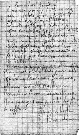 L’immagine riproduce la fotocopia dell’ultima lettera di Battista Alberto ai genitori. L’originale è scritto a matita su un foglietto di bloc-notes a quadretti.