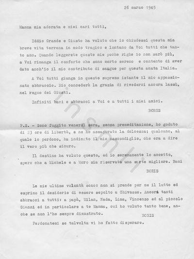 L’immagine riproduce la trascrizione a macchina della lettera di Boris Bradac Bauder alla madre ed ai suoi cari, scritta il giorno stesso della sua esecuzione.