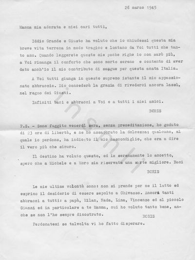 L’immagine riproduce la trascrizione a macchina della lettera di Boris Bradac Bauder alla madre ed ai suoi cari, scritta il giorno stesso della sua esecuzione.