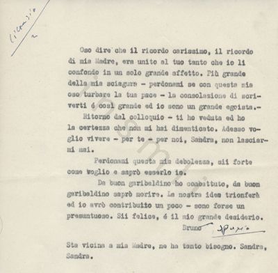 L’immagine riproduce la seconda pagina della trascrizione a macchina della lettera scritta da Bruno Cibrario il giorno della sua condanna a morte. Nel documento qui riprodotto, nell’angolo superiore sinistro, si legge "Cibrario 2" scritto in penna blu.