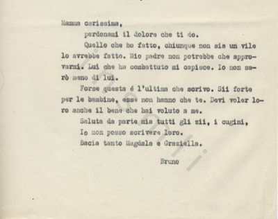 L’immagine riproduce la trascrizione a macchina della lettera scritta da Bruno Cibrario alla madre.