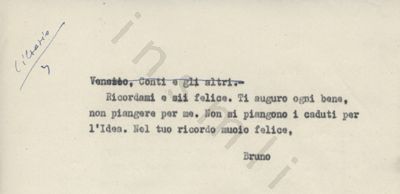 L’immagine riproduce la seconda pagina della trascrizione a macchina della lettera scritta da Bruno Cibrario a Sandra. Nella prima riga, alcuni nomi (o soprannomi) sono cancellati con una riga in penna nera.