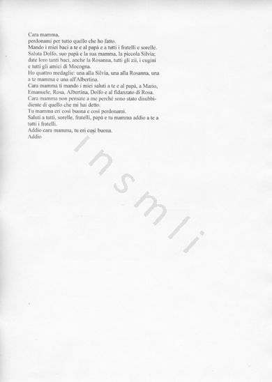 L’immagine riproduce la trascrizione dell’ultima lettera di Bruno Matli alla madre.