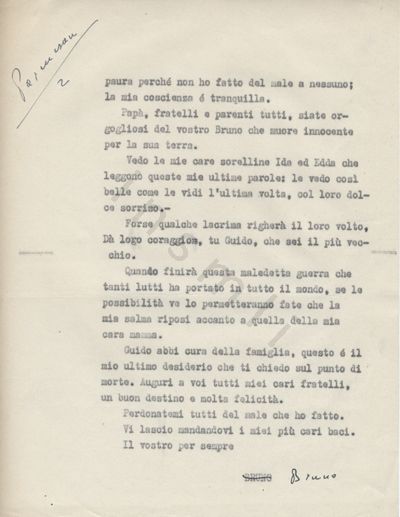 L’immagine riproduce la seconda pagina della trascrizione a macchina dell’ultima lettera di Bruno Parmesan prima della fucilazione. La firma è cancellata e riscritta a mano, con una penna nera. Nell’angolo in alto a sinistra, si legge "Parmesan 2" (sempre manoscritto).
