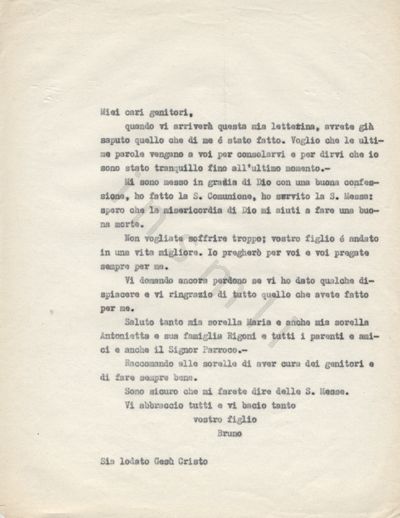 L’immagine riproduce la trascrizione a macchina dell’ultima lettera di Bruno Pellizzari ai genitori.