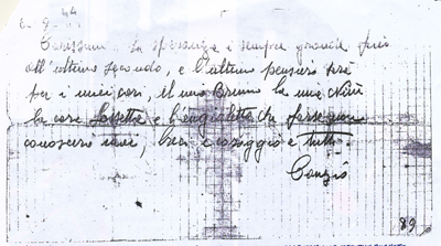 L'immagine riproduce la copia fotostatica dell'ultimo messaggio di Canzio Zoldi, scritto ai famigliari il giorno prima di essere fucilato.