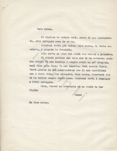 L’immagine riproduce la trascrizione a macchina dell’ultima lettera di Carlo Jori (Mimmo) alla madre.