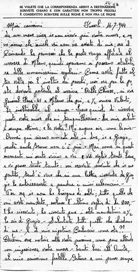 L’immagine riproduce la fotocopia della prima facciata dell’ultima lettera di Carlo Mossolani, scritta ai suoi cari su un foglio per la corrispondenza del campo di concentramento di Fossoli.