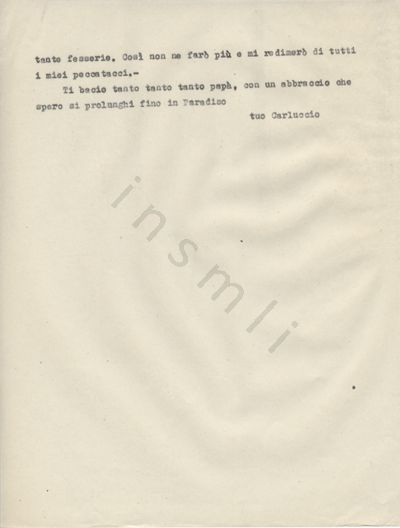 L’immagine riproduce la seconda pagina della trascrizione a macchina della lettera scritta da Carlo Pizzorno al padre, il giorno della sua esecuzione.