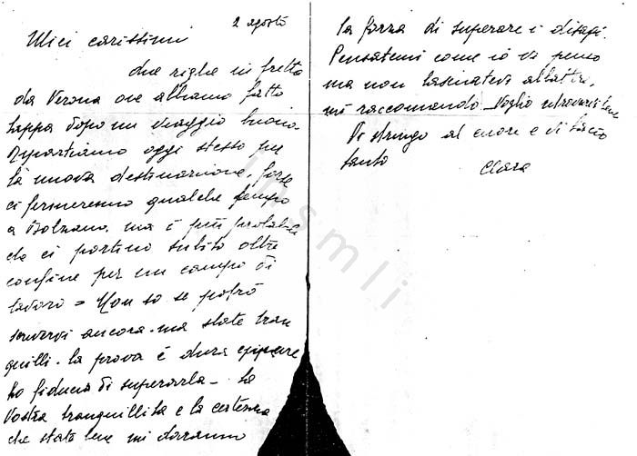 L’immagine riproduce l’ultima lettera scritta da Clara Pirani in partenza per Auschwitz.