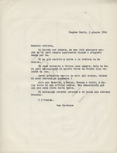L’immagine riproduce la trascrizione a macchina della lettera di Costanzo Ebat alla madre, scritta il giorno della sua esecuzione.