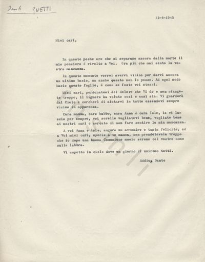 L’immagine riproduce la trascrizione a macchina dell’ultima lettera di Dante Gnetti ai familiari più stretti (genitori e sorelle).
