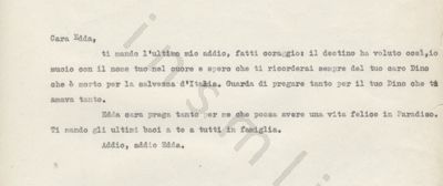 L’immagine riproduce la trascrizione a macchina dell’ultima lettera di Dino Bertetta all’amata Edda.