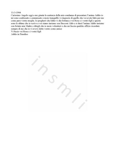L’immagine riproduce il testo della lettera scritta da Dino Sennati all’amico Angelo e a sua moglie Rosa prima di essere graziato.