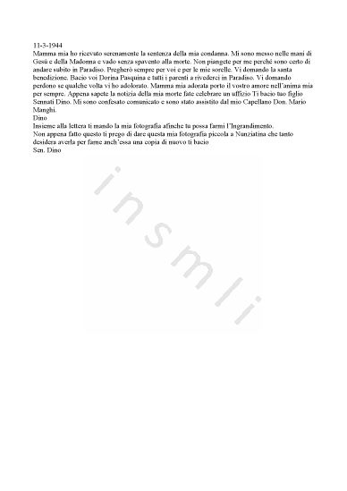 L’immagine riproduce il testo della lettera scritta da Dino Sennati alla madre prima di essere graziato.