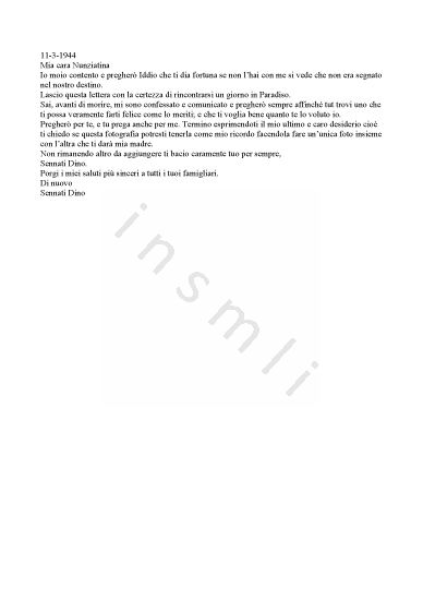 L’immagine riproduce il testo della lettera scritta da Dino Sennati alla fidanzata Nunziatina prima di essere graziato.