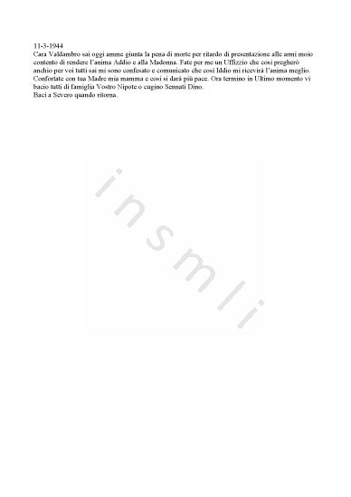 L’immagine riproduce il testo della lettera scritta da Dino Sennati ad un parente prima di essere graziato.