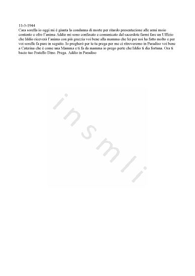 L’immagine riproduce il testo della lettera scritta da Dino Sennati alla sorella prima di essere graziato.
