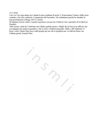 L’immagine riproduce il testo della lettera scritta da Dino Sennati allo zio Ugo prima di essere graziato.