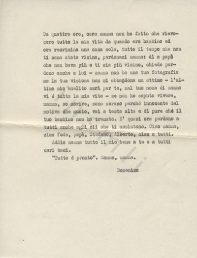 L’immagine riproduce la seconda pagina della trascrizione a macchina dell’ultima lettera di Domenico Cane.