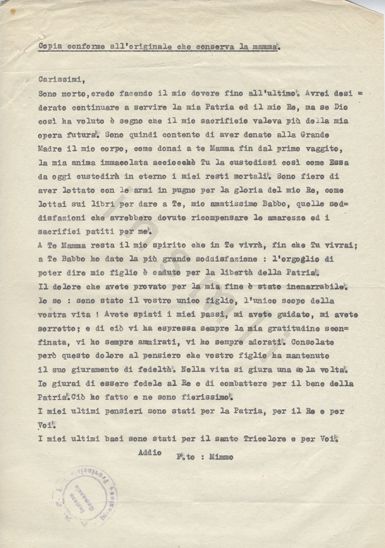 L’immagine riproduce la "Copia conforme all’originale che conserva la mamma." (come recita la didascalia nella parte alta del documento) dell’ultima lettera di Domenico Quaranta ai genitori. Si tratta di una trascrizione a macchina, recante nell’angolo in basso a sinistra il timbro dell’Anpi provinciale.