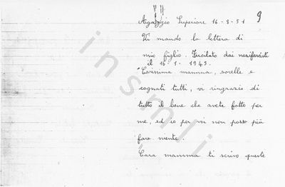 L’immagine riproduce la prima facciata della trascrizione dell’ultima lettera di Domenico Verrando ai familiari. Come si nota nella parte alta del documento, la trascrizione è all’interno di una lettera scritta dalla madre dello stesso Domenico Verrando ad un destinatario ignoto.