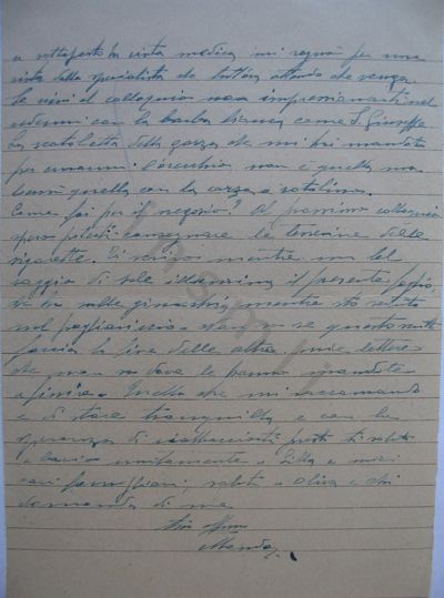 L’immagine riproduce la seconda facciata della lettera di Edmondo Fondi alla moglie, scritta il giorno stesso della sua esecuzione. Il documento è scritto a penna, sui due lati di un foglio a righe su cui sono impressi i timbri "Carceri giudiziarie di Roma" e "Visto p. censura".