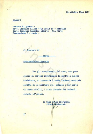 L’immagine riproduce il documento ufficiale inviato dalla provincia di Aosta alla questura, che recava originariamente in allegato la lettera autografa censurata di Elidor Canonico, e per questo rappresenta l’ultima traccia tangibile della sua esistenza.