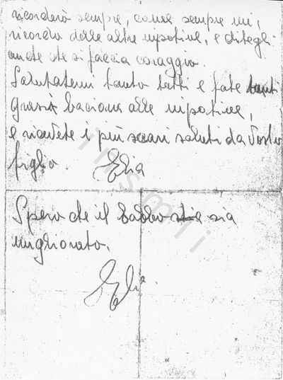 L’immagine riproduce la fotocopia della seconda facciata dell’ultima lettera di Elia Sola ai genitori. L’originale è scritto sui due lati di un foglietto bianco.